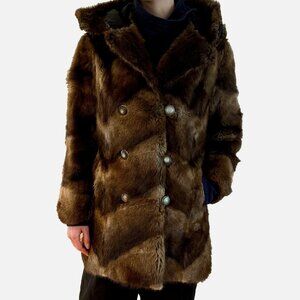 Genuine Beaver Fur Coat Vintage Luxury Hood Buttons Pockets Chevron Pattern